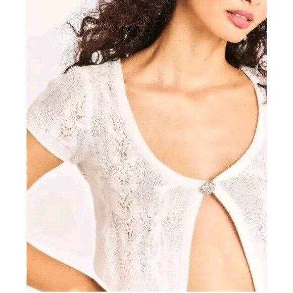 NWT LoveshackFancy Elba Crop Lightweight Cashmere Cardigan Shrug Ivory Sz Large - Picture 1 of 9